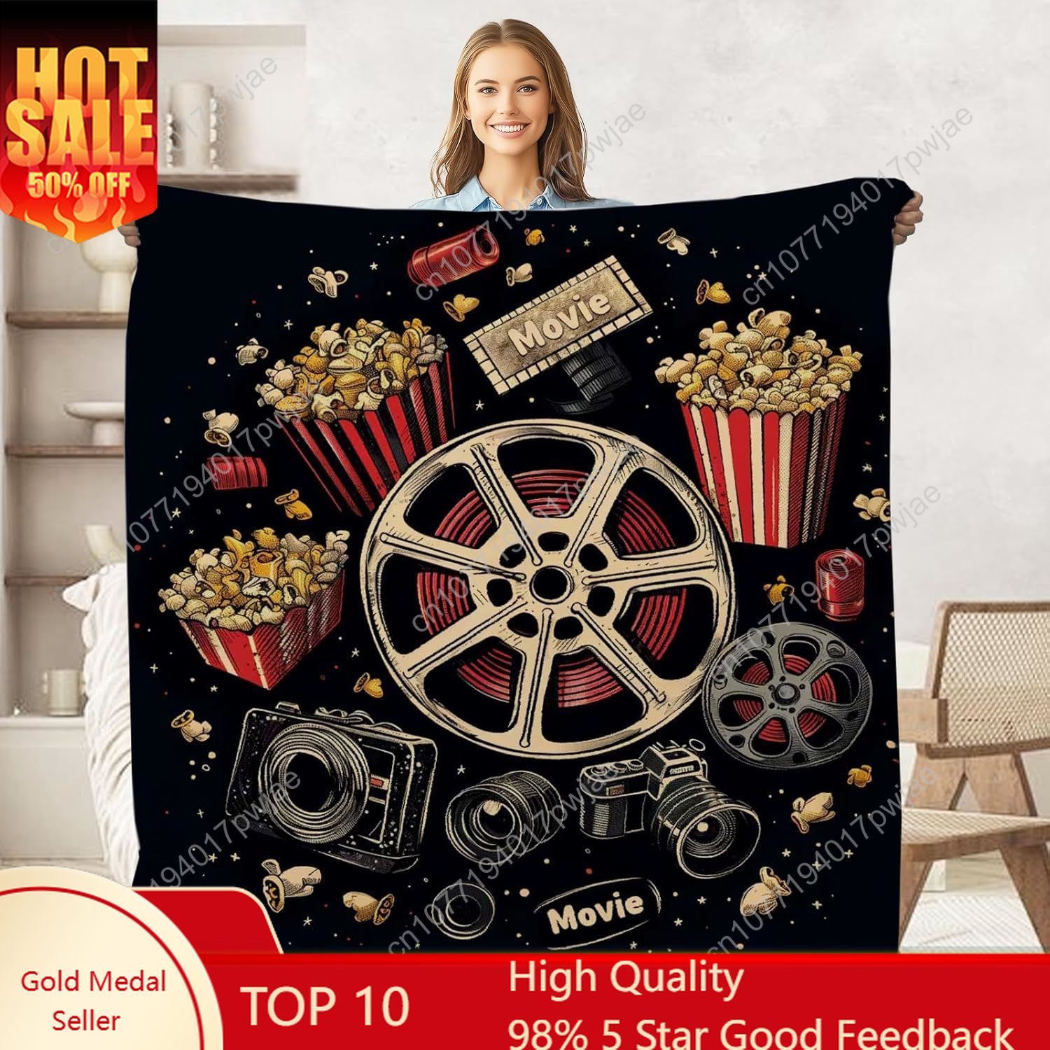 Movie Ticket Popcorn Throw Bla - Home Cinema Gifts 评论和价格